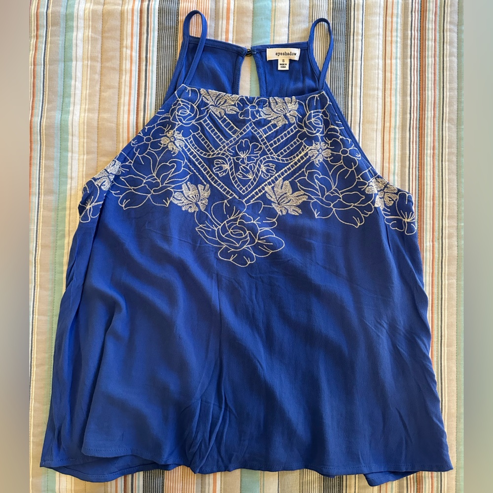 Eyeshadow Blue Halter Top with Floral Embroidery Size S